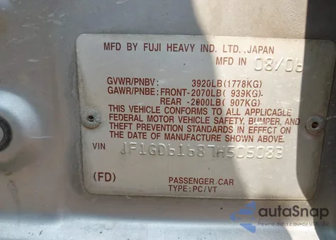 2007 Subaru Impreza 2.5I from USA, damaged, VIN JF1GD61687H505083